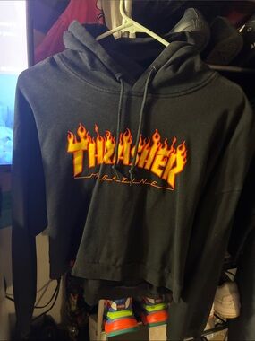 Thrasher Black Hoodie with Orange and Yellow Flame Logo
